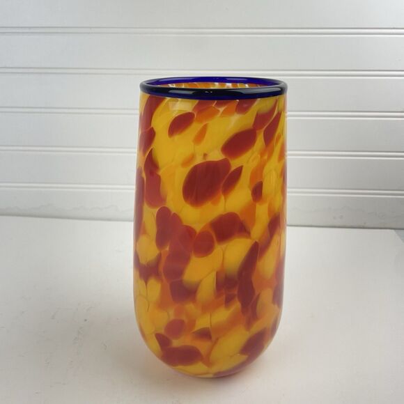 Damon MacNaught Blown Modern Art Glass Cylinder Vase Yellow Red Confetti Signed - Picture 2 of 9